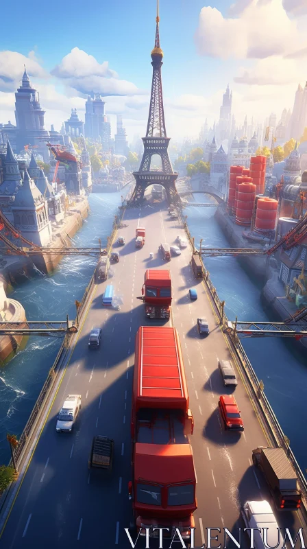 AI ART Cityscape with Eiffel Tower and Bridge
