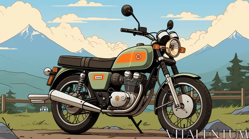 Classic Motorcycle Cartoon in Field with Mountain Background AI Image