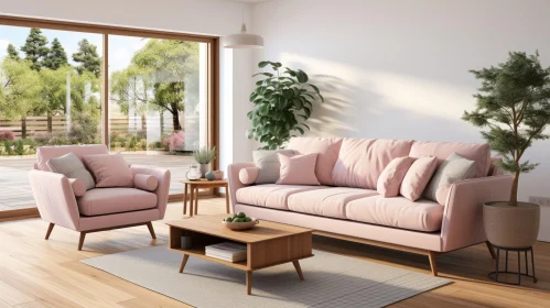 Cozy Living Room Interior with Pink Sofa and Green Plant