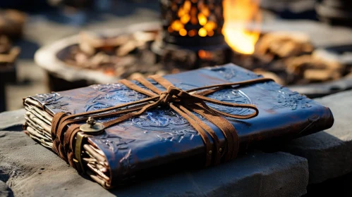 Enigmatic Old Book with Intricate Carvings and Fire Background