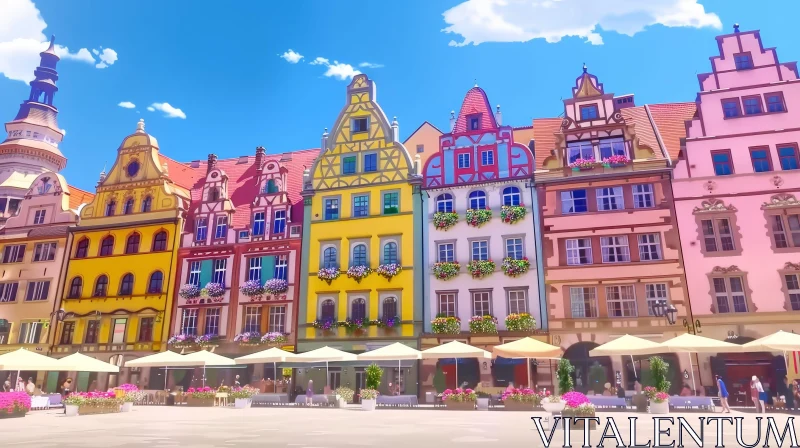 European City Streetscape: Colorful Buildings and Flowers AI Image