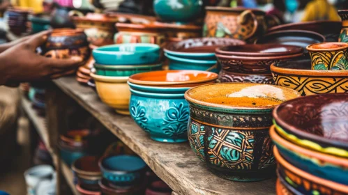 Handmade Ceramic Bowls on Wooden Shelf - Artistic Market Display