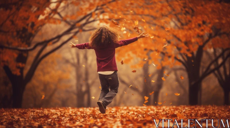 Joyful Woman Jumping in Autumn Park AI Image
