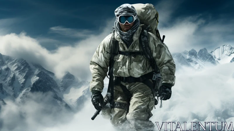 Military Man in Snowy Mountain Landscape AI Image