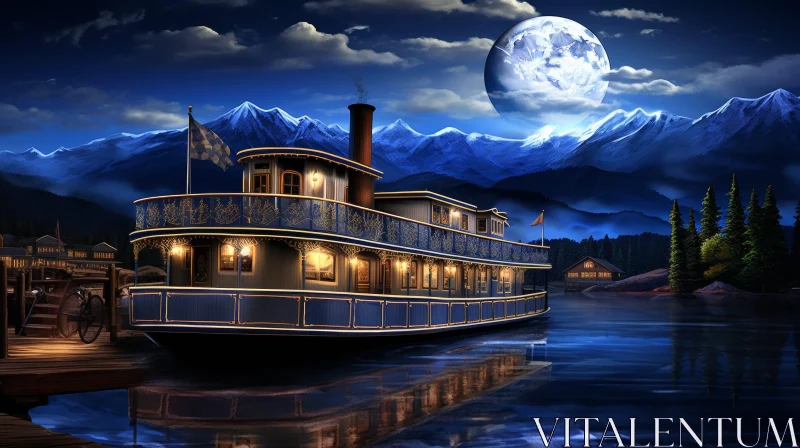 Moonlit Steamboat Painting on Serene Lake AI Image