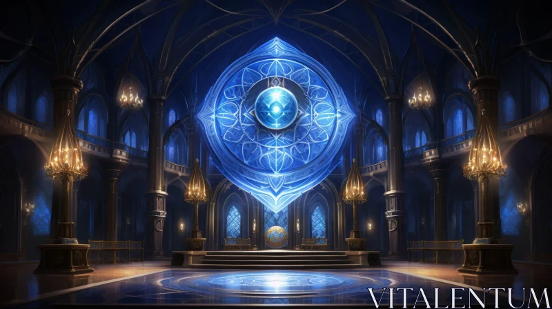 Mystical Blue Crystal in Grand Hall AI Image