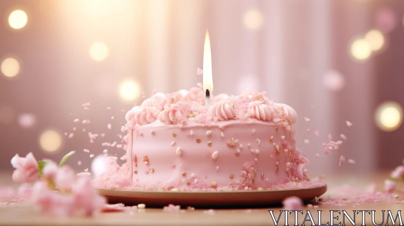AI ART Pink Birthday Cake with Lit Candle - Celebration Dessert