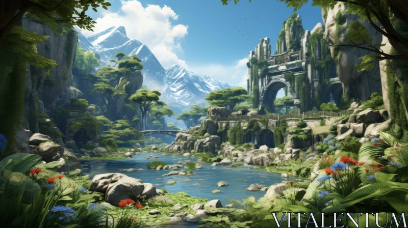 Tranquil Nature Scene with River, Bridge, and Ruined Castle AI Image