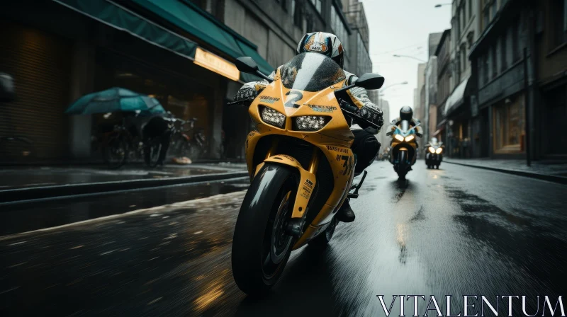 Urban Motorcycle Racing: Speeding Motorcyclists in City Street AI Image