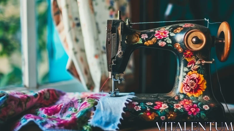 Vintage Floral Sewing Machine on Wooden Table - Beautiful Photo AI Image
