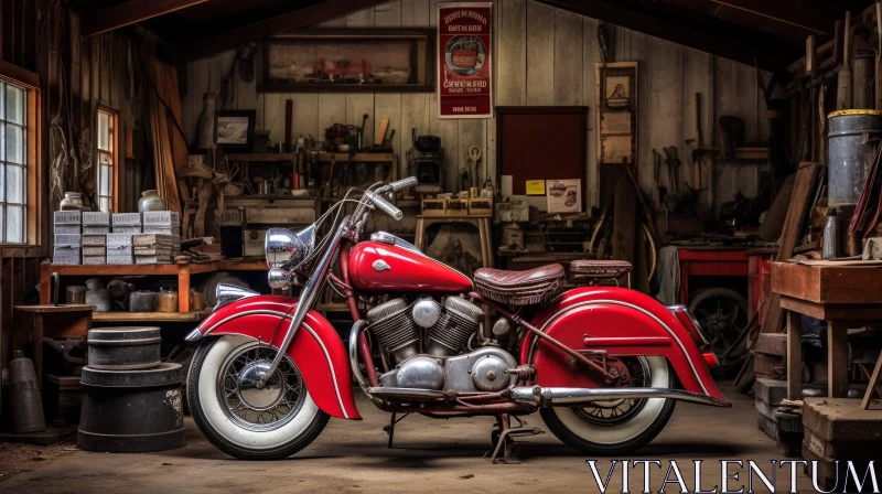 AI ART Vintage Red Indian Chief Motorcycle in Rustic Garage
