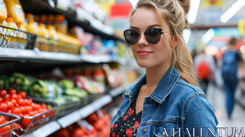 Young Woman in Supermarket: Denim Jacket and Floral Dress AI Image