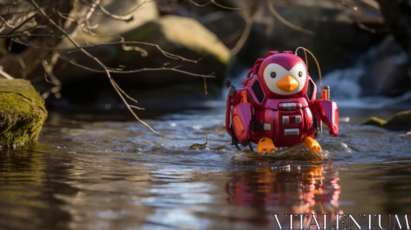Adventurous Toy Penguin in Stream - A Hikecore Dinopunk Imagery AI Image