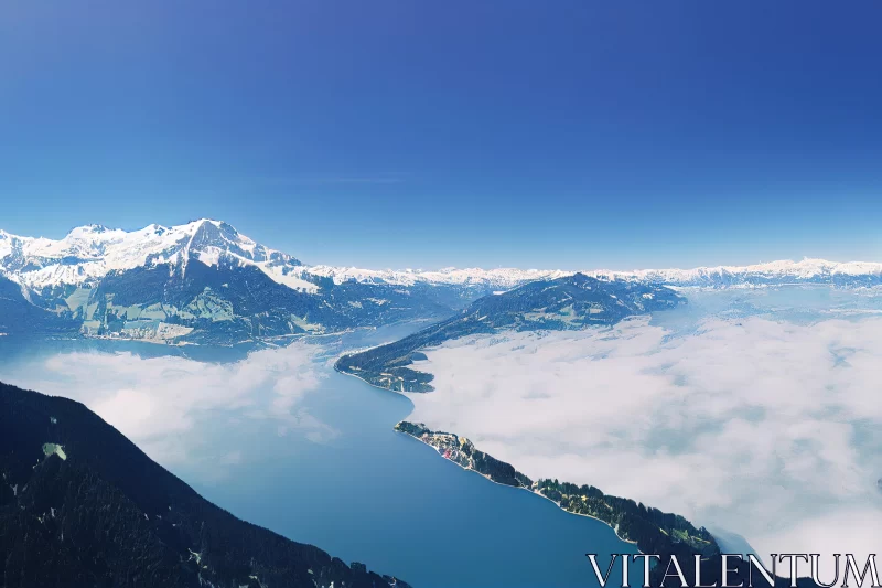 AI ART Aerial View of Frozen Lake and Mountains in Swiss Style