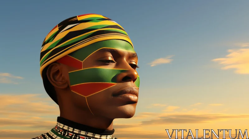 African Man with Traditional Face Paint at Sunset AI Image