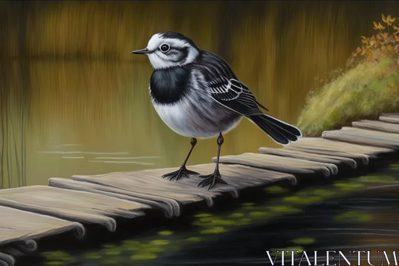 Black and White Bird on Wooden Bridge - Traditional Oil Painting AI Image