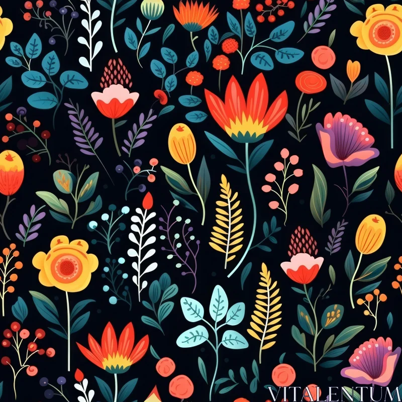 Bright Floral Pattern on Dark Background AI Image