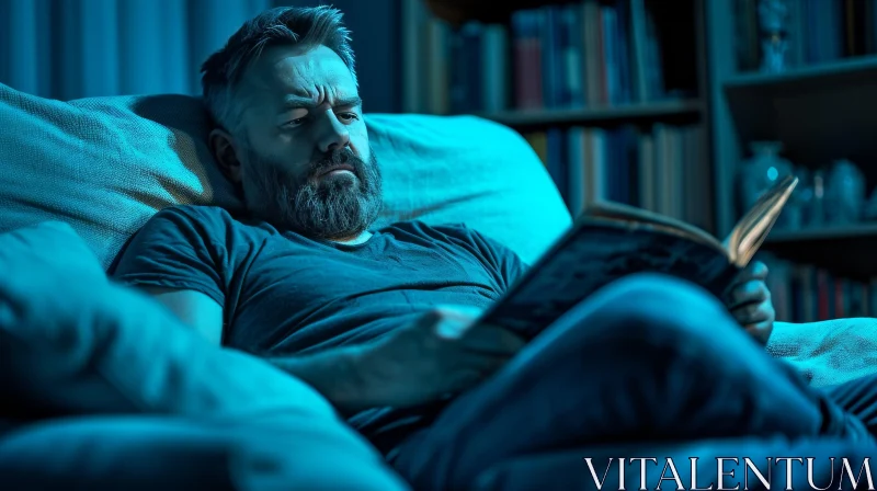 Captivating Moment of Solitude: Man Reading in Dimly Lit Room AI Image