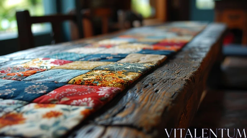Close-up Patchwork Quilt on Wooden Table - Vibrant Colors and Cozy Atmosphere AI Image