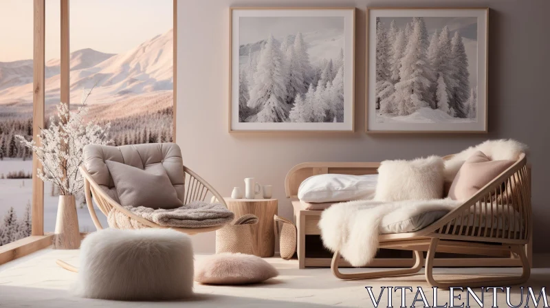 Cozy Living Room with Snowy Forest View AI Image
