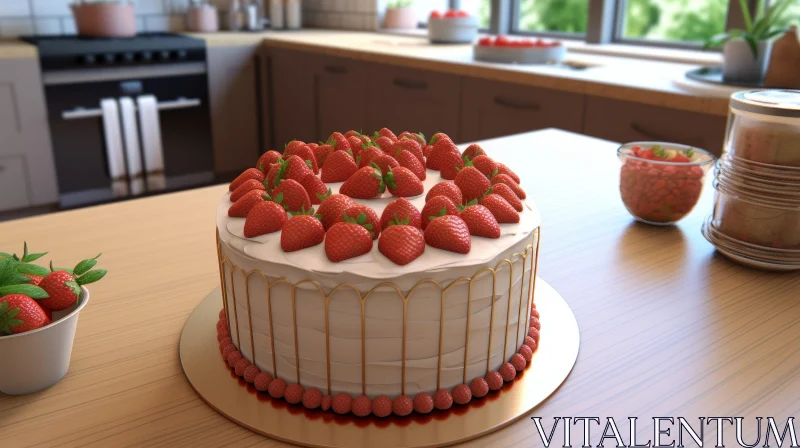 Delicious Strawberry Cake on Wooden Table AI Image