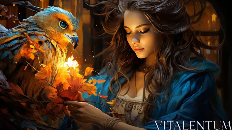AI ART Elegant Woman Portrait with Bird and Orange Leaves