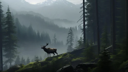 Enchanting Forest Landscape with Majestic Elk and Snowy Mountain