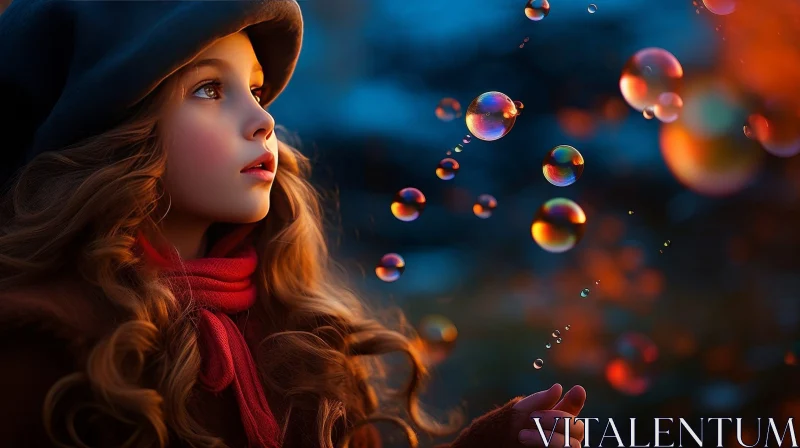 Enchanting Girl with Brown Hair and Blue Eyes Observing Soap Bubbles AI Image