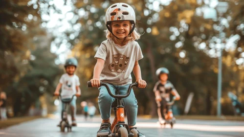 Joyful Children Riding Bikes in Sunny Park