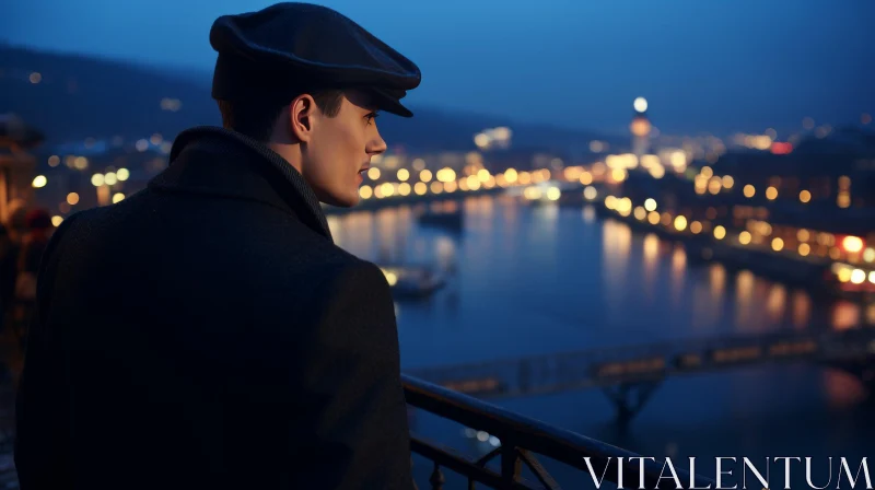 AI ART Night Cityscape: Young Man on Bridge