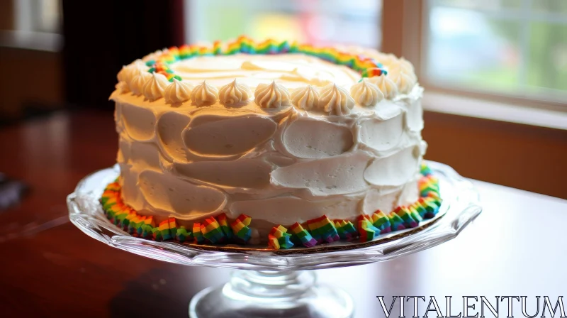 AI ART Rainbow Cake with White Frosting on Glass Stand