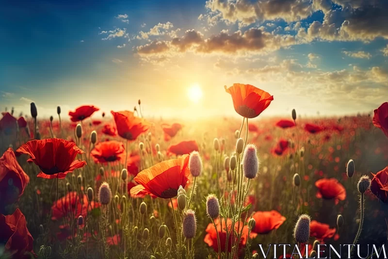 Red Poppy Flower Field at Sunset - Serene and Peaceful Ambiance AI Image