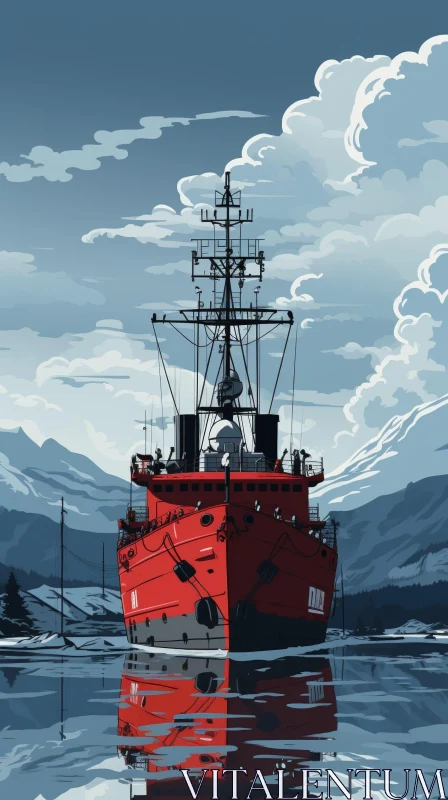 Red Ship in Majestic Mountain Setting AI Image