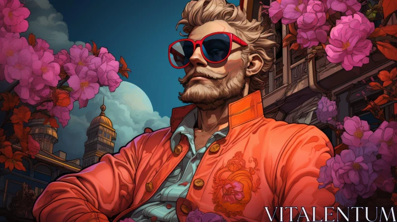 Serious Man Portrait with Floral Jacket AI Image