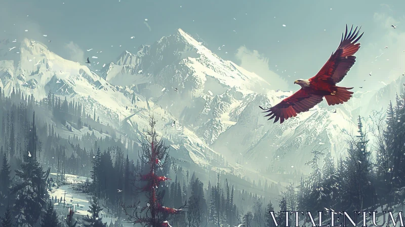 AI ART Snow-Capped Mountain Range with Majestic Eagle