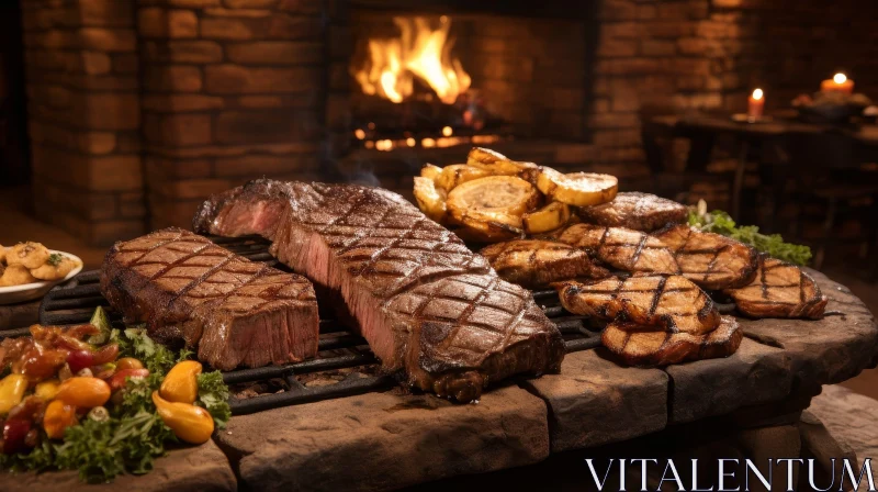 Succulent Steak and Grilled Vegetables on Hot Stone Slab AI Image