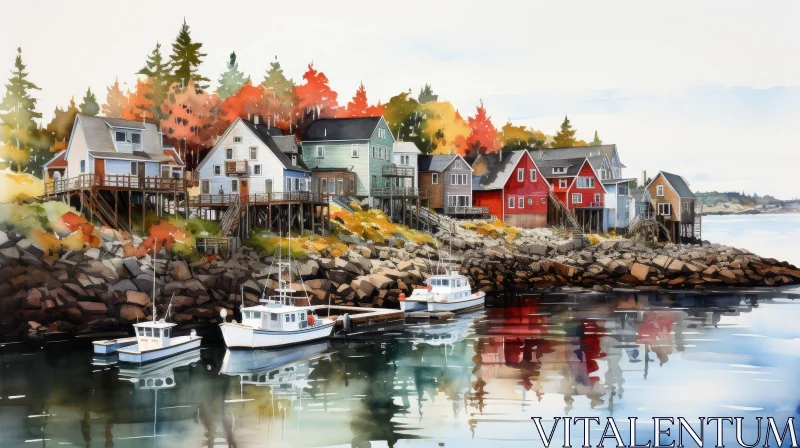 Tranquil Coastal Village Watercolor Painting AI Image
