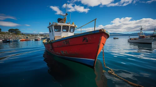 Tranquil Red and White Fishing Boat in Calm Harbor