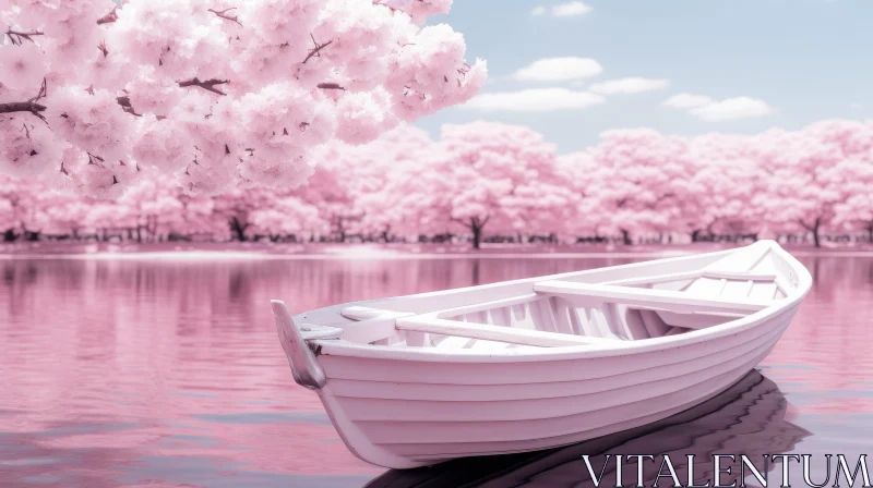 Tranquil Scene: Pink Boat on Calm Lake with Blooming Trees AI Image