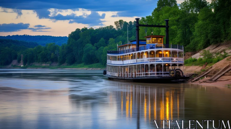 Tranquil Sunset Scene: Steamboat on River AI Image