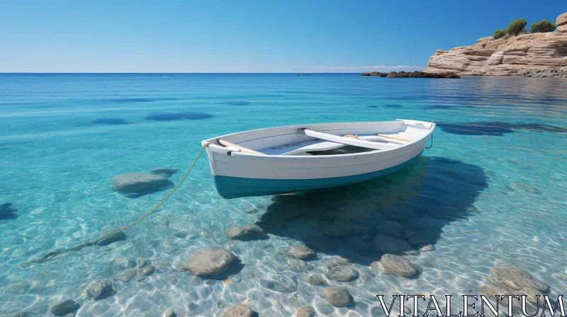 Tranquil Wooden Boat on Mediterranean Sea AI Image