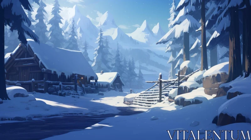 AI ART Winter Village Landscape: Snow-Covered Trees & Mountains