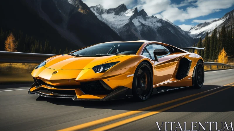 Yellow Lamborghini Aventador SVJ Roadster in Mountain Drive AI Image