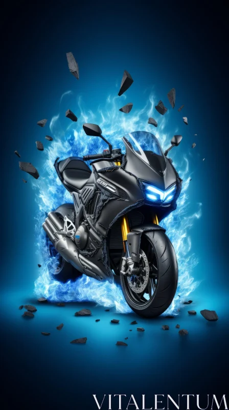 3D Black Sport Motorcycle in Blue Fire AI Image