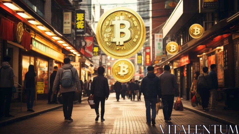 Bitcoin City Street Scene with Busy Pedestrians AI Image