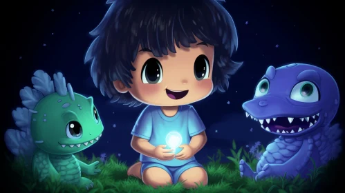 Boy and Dinosaurs Cartoon Illustration