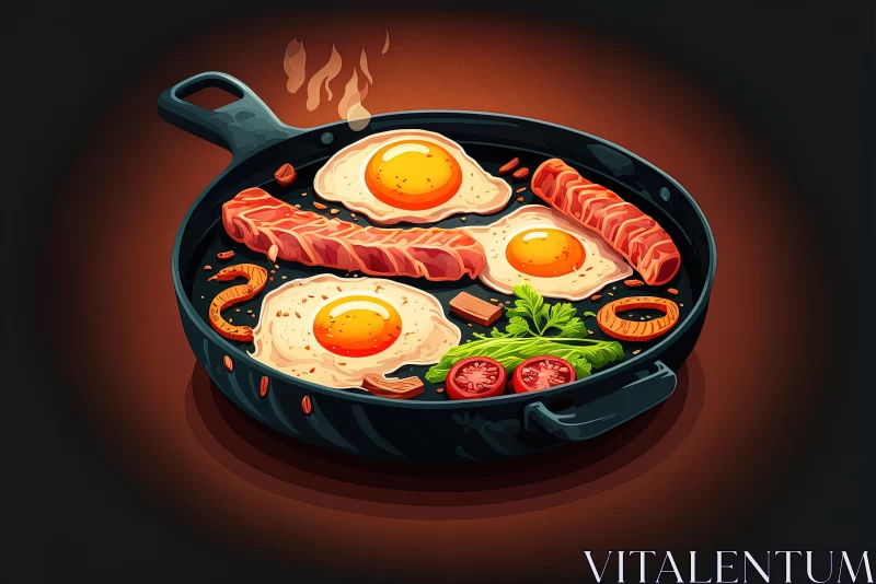 Captivating Cartoon Image of Fried Eggs and Vegetables in a Pan AI Image