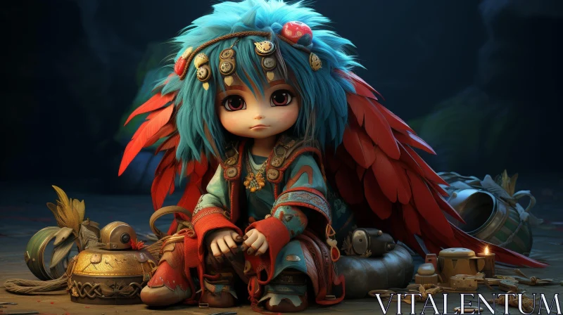 Cartoonish Character with Blue Hair and Red Wings in Dark Cave AI Image