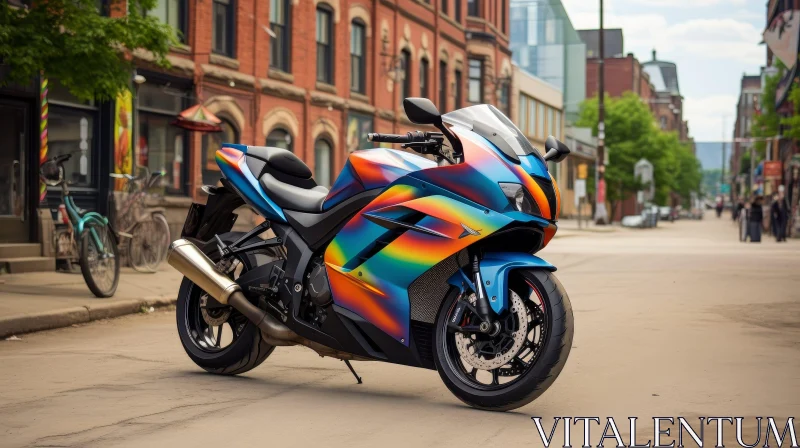 Colorful Motorcycle Parked on City Street AI Image