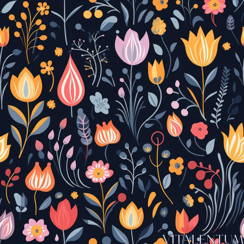 Dark Blue Floral Pattern - Colorful Flowers AI Image